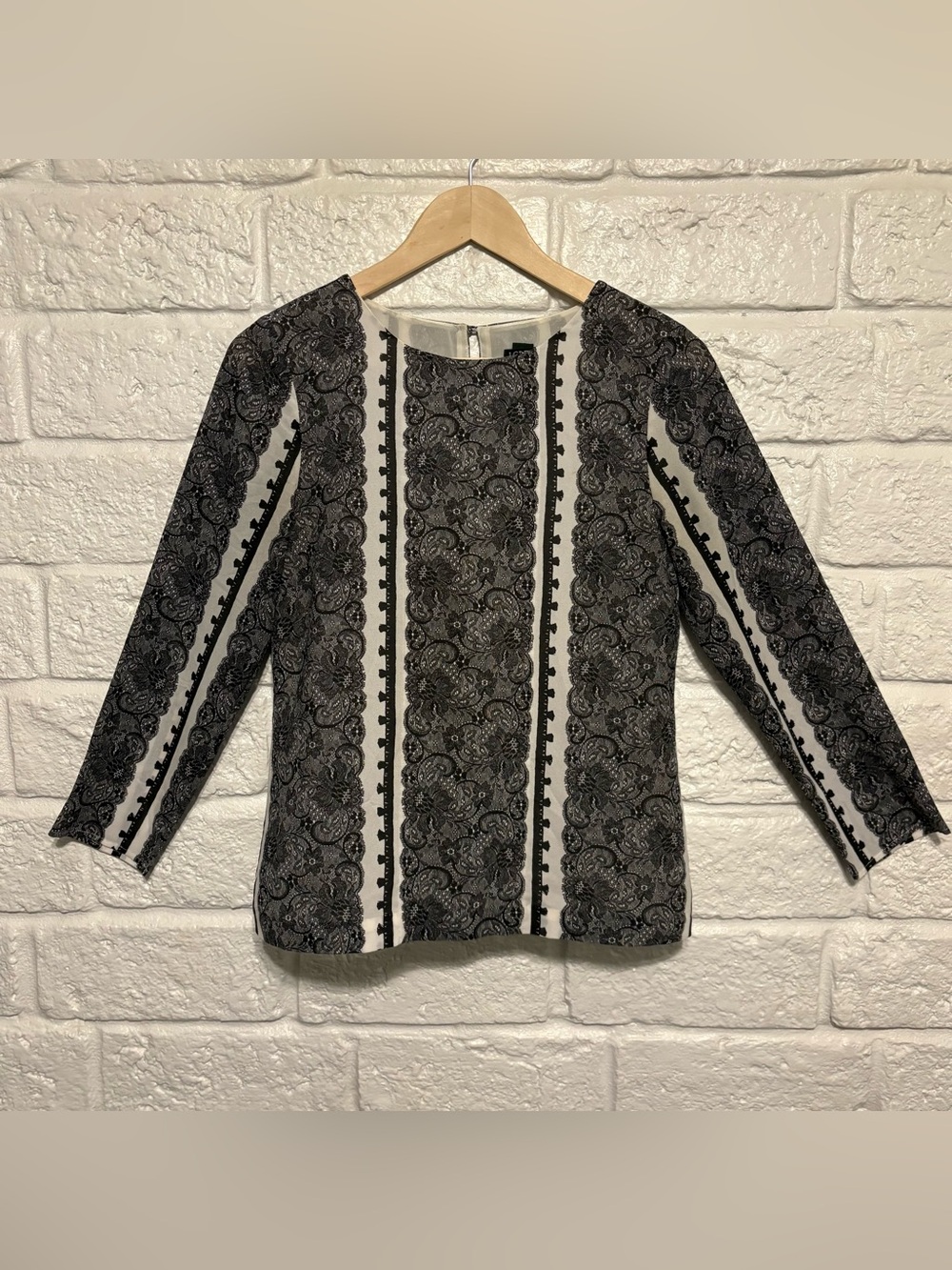 J. Crew Black and White Striped Lace-Print Long Sleeve Top